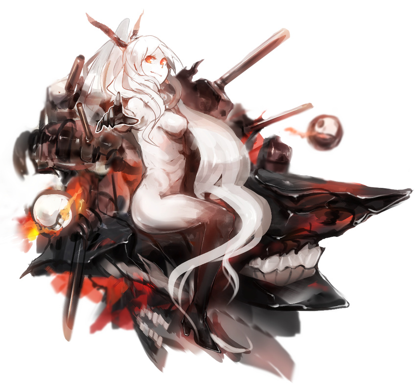 armored_aircraft_carrier_hime black_skin breasts fire hair_ribbon high_heels kantai_collection long_hair medium_breasts multicolored multicolored_skin nude orange_eyes pointing ponytail ribbon rwk_(11737225) shinkaisei-kan solo two-tone_skin very_long_hair white_hair white_skin
