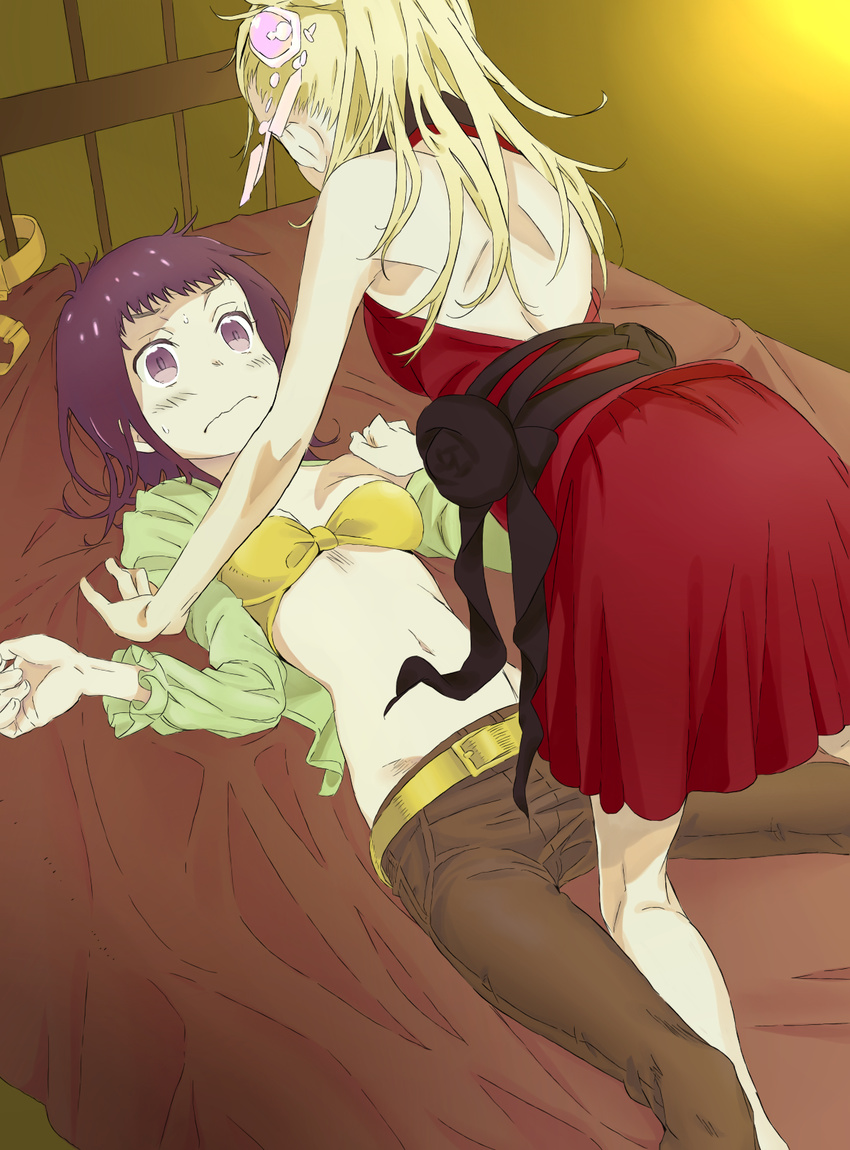 all_fours arm_support backless_dress backless_outfit bed belt blonde_hair blush bra breasts brown_hair brown_pants cleavage colorized dress embarrassed freadia_strikers groin haimura_kiyotaka hair_ornament halterneck highres indoors itsuwa long_hair lying midriff multiple_girls navel novel_illustration official_art on_back open_clothes open_shirt pants polaris55740 red_dress shirt short_dress short_hair sleeveless sleeveless_dress small_breasts stomach strapless strapless_bra sweatdrop to_aru_majutsu_no_index underwear yellow_bra