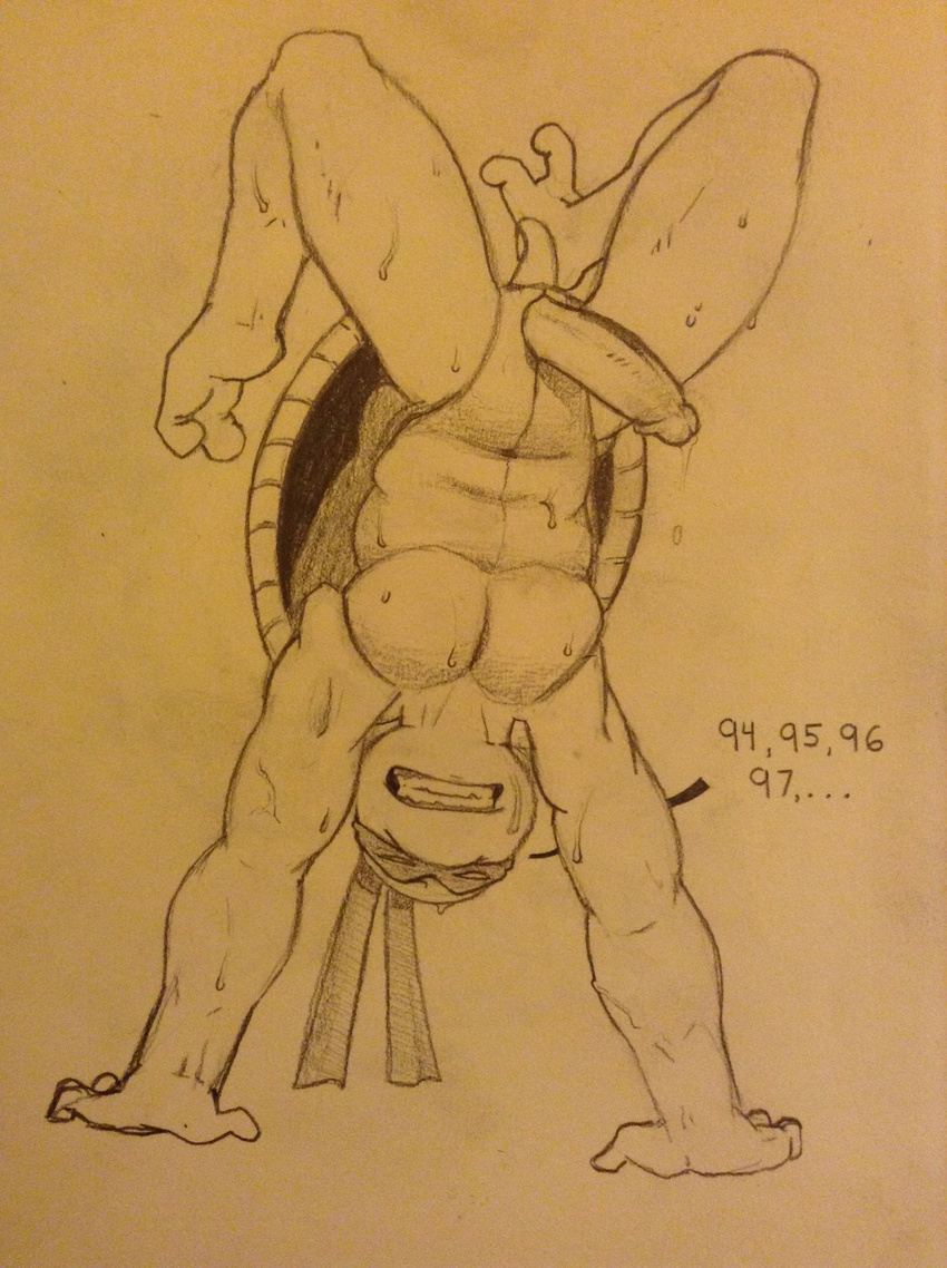 anthro donatello_(tmnt) erection handstand male penis reptile scalie solo teenage_mutant_ninja_turtles turtle tush upside_down