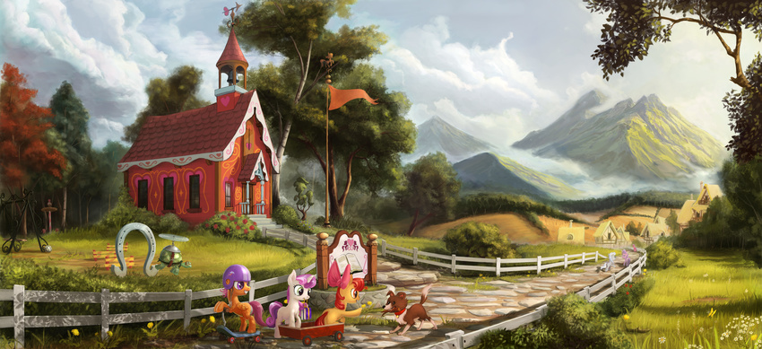 2015 amber_eyes apple_bloom_(mlp) book bow bush collar devinian diamond_tiara_(mlp) equine female fence flower flying friendship_is_magic grass green_eyes hair helmet hi_res horn house male mammal mist mountain my_little_pony outside pegasus plant ponyville purple_eyes purple_hair red_hair reptile scalie school scootaloo_(mlp) scoter sign silver_spoon_(mlp) stick sweetie_belle_(mlp) swing tank_(mlp) tortoise tree turtle unicorn wagon wings winona_(mlp)