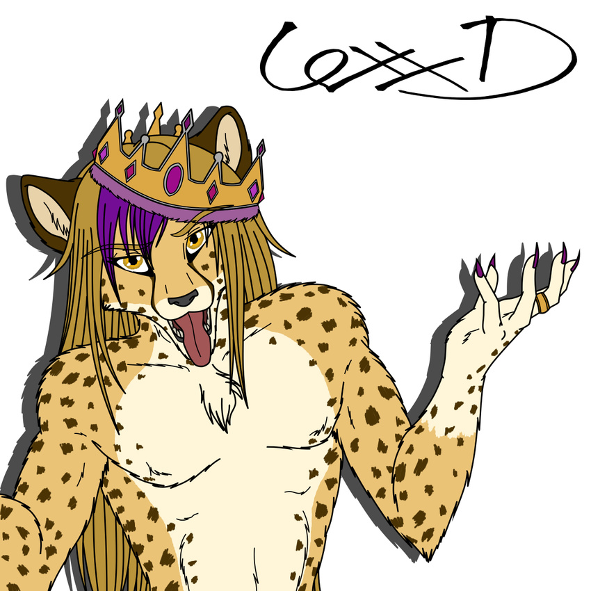 anthro cheetah clothed clothing crown feline half-dressed lexx male mammal purple_promise tongue topless yellow_eyes