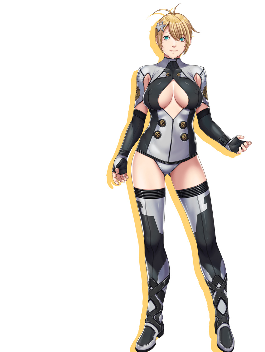 1girl antenna_hair aqua_eyes blonde_hair blue_eyes bodysuit boots breasts bullet_hole cecilia_lockhart celicia_lockhart cleavage cleavage_cutout closed_game deputy_badge empress empress_(studio) erect_nipples fingerless_gloves game_cg gloves hair_ornament hairclip highres large_breasts legs leotard looking_at_viewer no_bra revealing_clothes sei_shoujo short_hair simple_background skin_tight smile solo standing star_hair_ornament thigh_boots thighhighs thighs transparent_background white_background