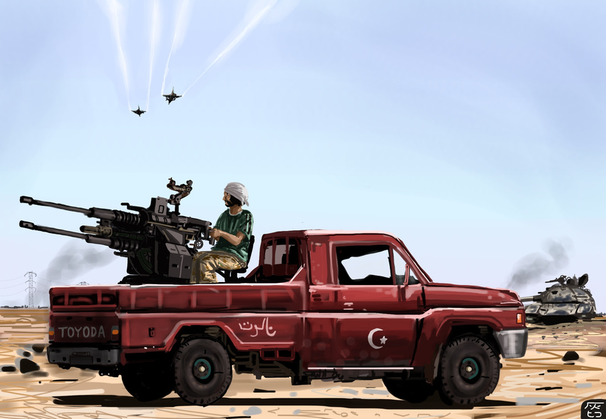 aircraft airplane antiaircraft_weapon arabic blue_sky brand_name_imitation car commentary_request crescent day ground_vehicle hai_to_hickory head_scarf highres libya military military_vehicle motor_vehicle original sky smoke star t-55 tank technical toyota_hilux war