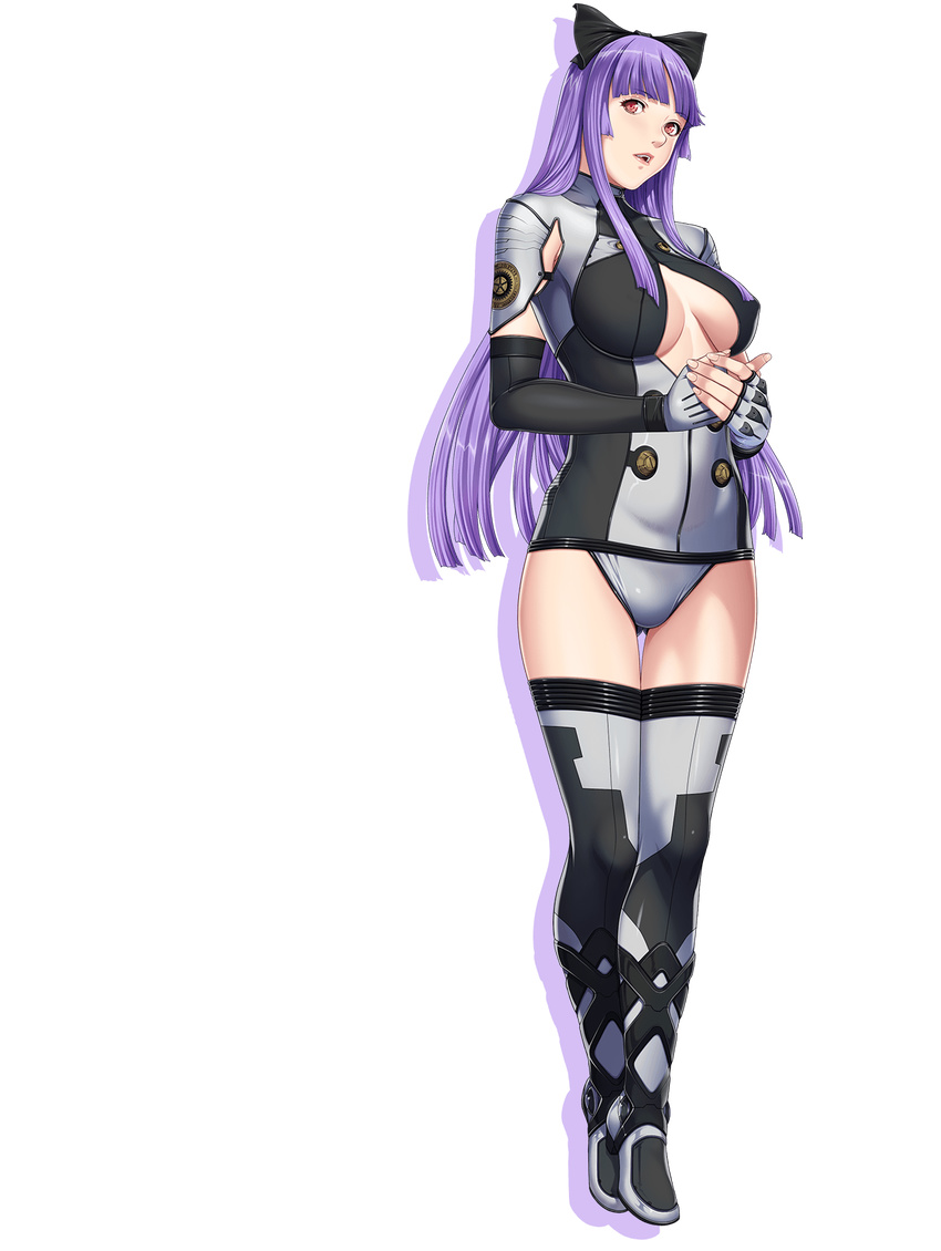 1girl bangs blunt_bangs blush bodysuit boots breasts cleavage cleavage_cutout closed_game cocona_stember cocona_stemper empress empress_(studio) erect_nipples fingerless_gloves game_cg gloves hair_ribbon highres large_breasts legs long_hair looking_at_viewer no_bra open_mouth purple_eyes purple_hair red_eyes ribbon sei_shoujo simple_background solo standing thigh_boots thighhighs thighs transparent_background white_background