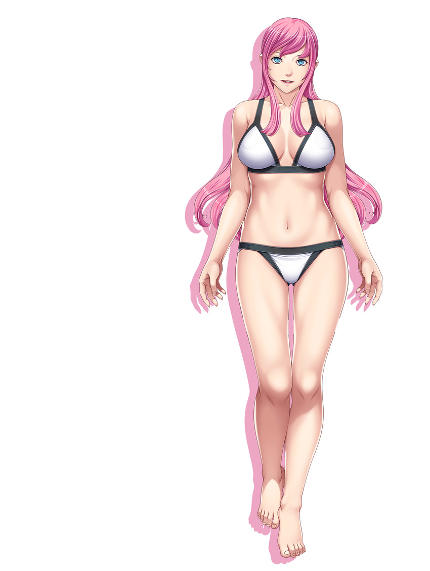 1girl barefoot bikini blue_eyes bra breasts cleavage closed_game empress empress_(studio) feet game_cg highres lacey_mallett large_breasts legs long_hair looking_at_viewer lucy_mallet navel open_mouth panties pink_hair pink_lips pink_lipstick sei_shoujo simple_background smile solo standing swimsuit thighs toes transparent_background underwear white_background