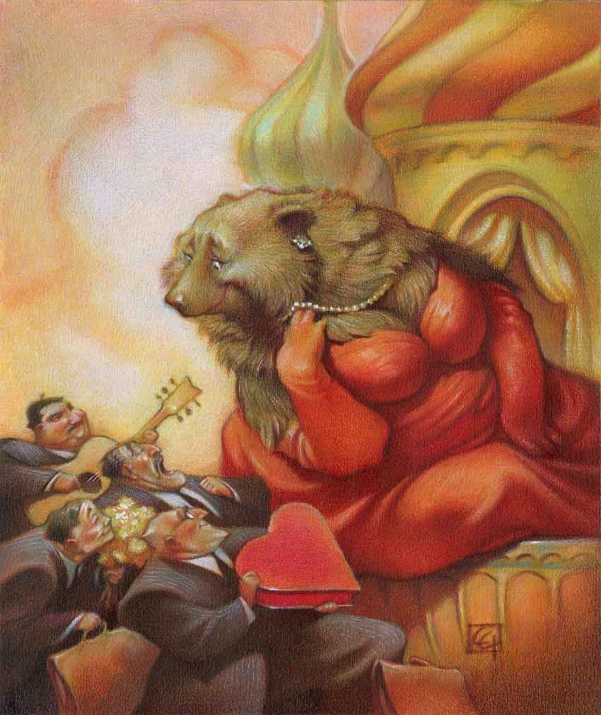 anthro anthrofied bear big_breasts bouquet breasts candy carter_goodrich chocolate chubby dress ear_piercing elbow_gloves eyes_closed eyewear female flower forbes gloves guitar human kremlin lipstick male mammal musical_instrument necklace open_mouth painting pearl_necklace pearls piercing pinstripes plant red_dress serenade sitting size_difference suit traditional_media_(artwork)
