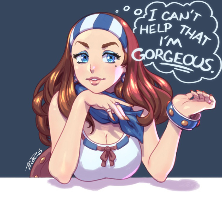 bare_shoulders bliss_barson blue_eyes bracelet breasts brown_hair cleavage cryamore earrings english eyebrows eyeshadow hairband jewelry large_breasts leaning_forward lips long_hair makeup mole neckerchief ring robert_porter sleeveless solo thought_bubble