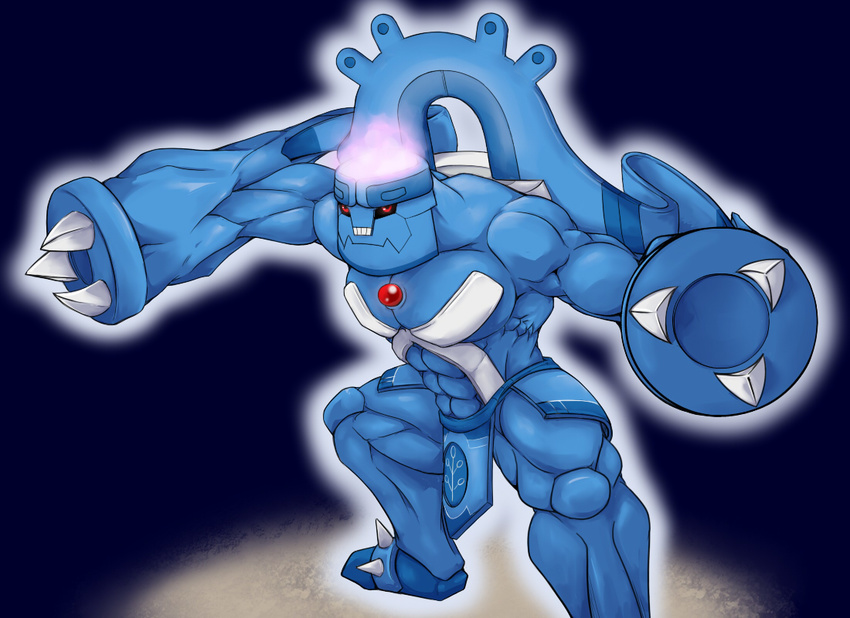 2015 abs anthro biceps big_muscles bronzong luminescence male metagross muscles nintendo nude pecs plain_background pok&eacute;mon red_eyes solo standing teeth video_games waddledox