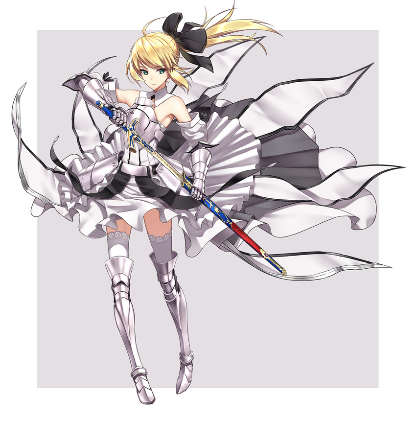 ahoge armor armored_dress artoria_pendragon_(all) bare_shoulders blonde_hair bow caliburn detached_sleeves dress famepeera fate/stay_night fate/unlimited_codes fate_(series) gauntlets greaves green_eyes hair_bow highres lace lace-trimmed_thighhighs long_hair ponytail saber saber_lily sheath solo sword thighhighs unsheathing weapon white_legwear