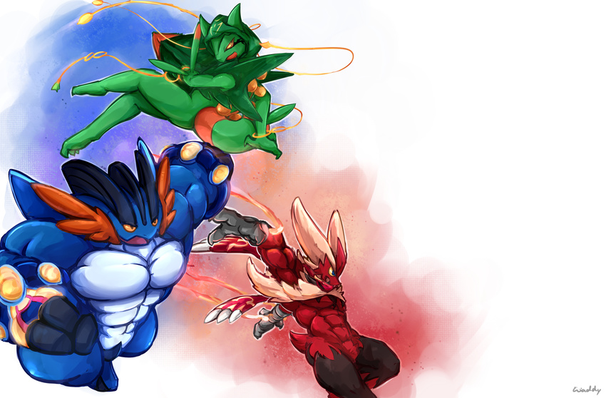 2015 abs anthro avian biceps big_muscles bird blaziken blue_eyes claws fur group hair male mega_blaziken mega_evolution mega_sceptile mega_swampert muscles nintendo open_mouth pecs pok&eacute;mon reptile scalie scarf sceptile swampert toe_claws tongue video_games waddledox