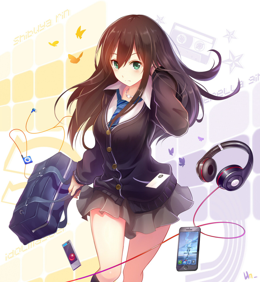 bag beats_by_dr._dre blush brown_hair cardigan cellphone character_name digital_media_player duffel_bag earbuds earphones earphones_removed green_eyes hatsune_miku headphones idolmaster idolmaster_cinderella_girls ipod ipod_shuffle jewelry jurrig kneehighs long_hair looking_at_viewer md5_mismatch necklace necktie phone school_bag school_uniform shibuya_rin skirt smartphone solo vocaloid