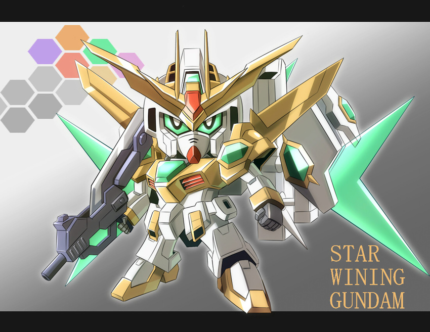 bright_pupils character_request clenched_hand full_body gradient gradient_background green_eyes gun gundam gundam_build_fighters gundam_build_fighters_try hamada_sukaru hexagon holding holding_gun holding_weapon letterboxed looking_at_viewer mecha no_humans sd_gundam standing star_winning_gundam weapon