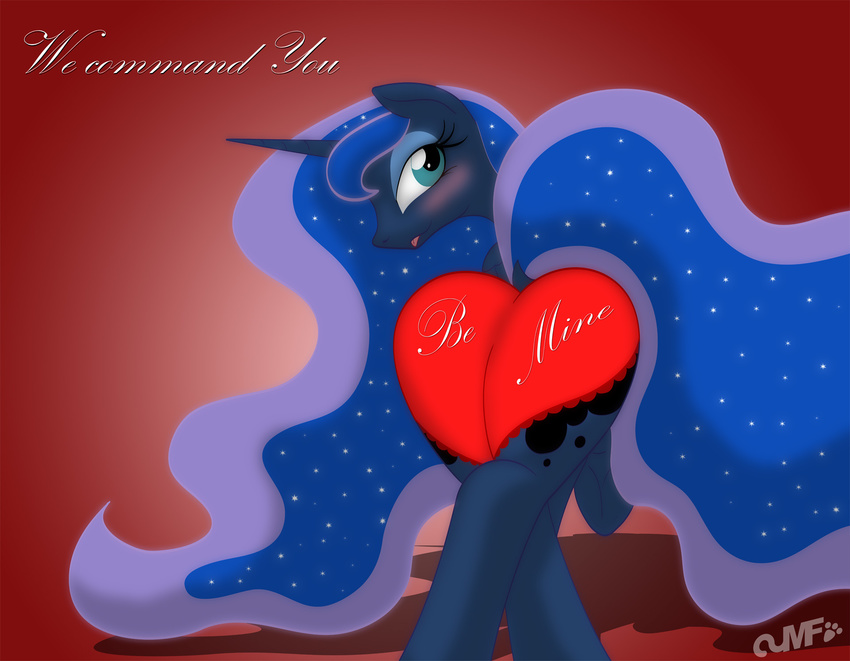&lt;3 blue_eyes blue_fur blue_hair blush clothing equine feathers female friendship_is_magic fur hair holidays hooves horn long_hair looking_at_viewer looking_back mammal miniferu my_little_pony panties presenting princess_luna_(mlp) raised_tail rear_view smile solo text tongue underwear valentine's_day winged_unicorn wings