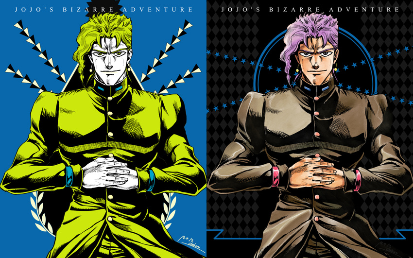 cha_kuro_(limo) dual_persona gakuran green_hair highres jojo_no_kimyou_na_bouken kakyouin_noriaki male_focus multiple_boys official_style palette_swap pink_hair school_uniform