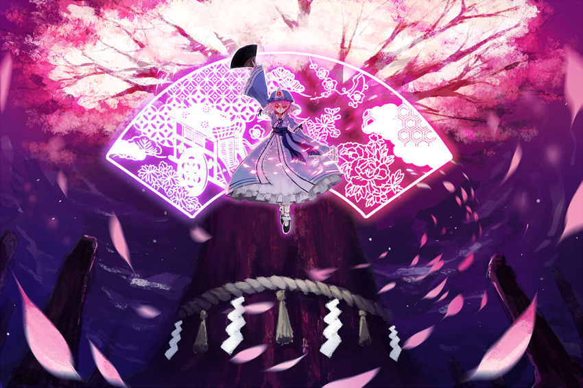 arm_up cherry_blossoms fan floating folding_fan frills hat hyde_(hai-do) japanese_clothes mob_cap obi petals pink_hair red_eyes ribbon rope saigyou_ayakashi saigyouji_yuyuko saigyouji_yuyuko's_fan_design sash shide shimenawa short_hair solo touhou tree triangular_headpiece veil wide_sleeves