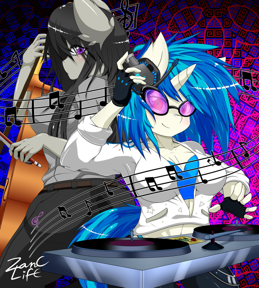 2015 anthro anthrofied black_hair blue_hair bow_(stringed_instrument) cello duo earth_pony equine eyewear female fingerless_gloves friendship_is_magic fur glasses gloves grey_fur hair headphones horn horse mammal music_notes musical_instrument my_little_pony octavia_(mlp) pony purple_eyes red_eyes turntable two_tone_hair unicorn vinyl_scratch_(mlp) white_fur zanclife