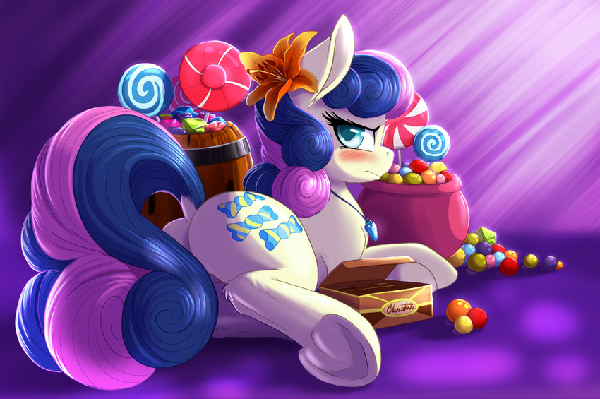 2015 barrel blush bonbon_(mlp) candy clothing cutie_mark dock earth_pony equine female feral flower food friendship_is_magic hair hi_res hooves horse looking_at_viewer mammal my_little_pony plant pony pusspuss solo two_tone_hair underhoof