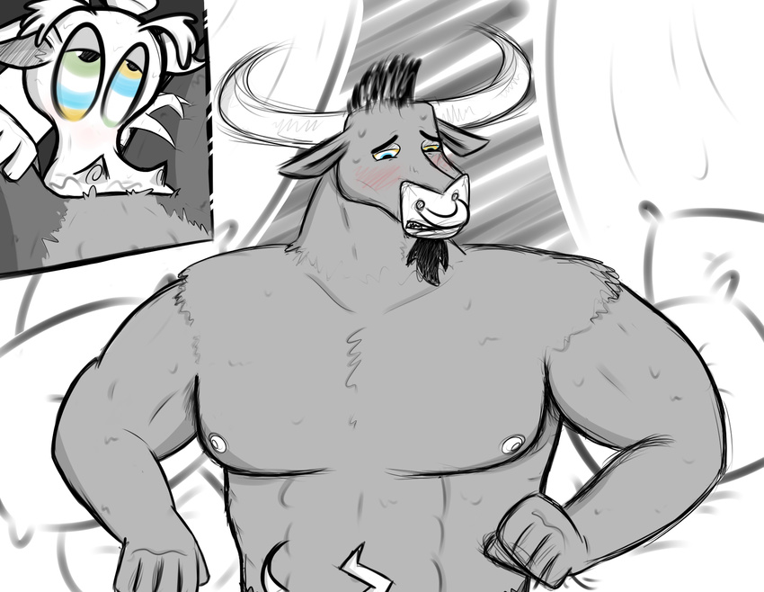 blush bovine cattle cushion deep_throat discord_(mlp) eye_contact facial_piercing fellatio friendship_is_magic gay goat_beard horn hypnosis iron_will_(mlp) lying male mammal mind_control muscles my_little_pony nipples nose_piercing nose_ring nude oral piercing precum sex