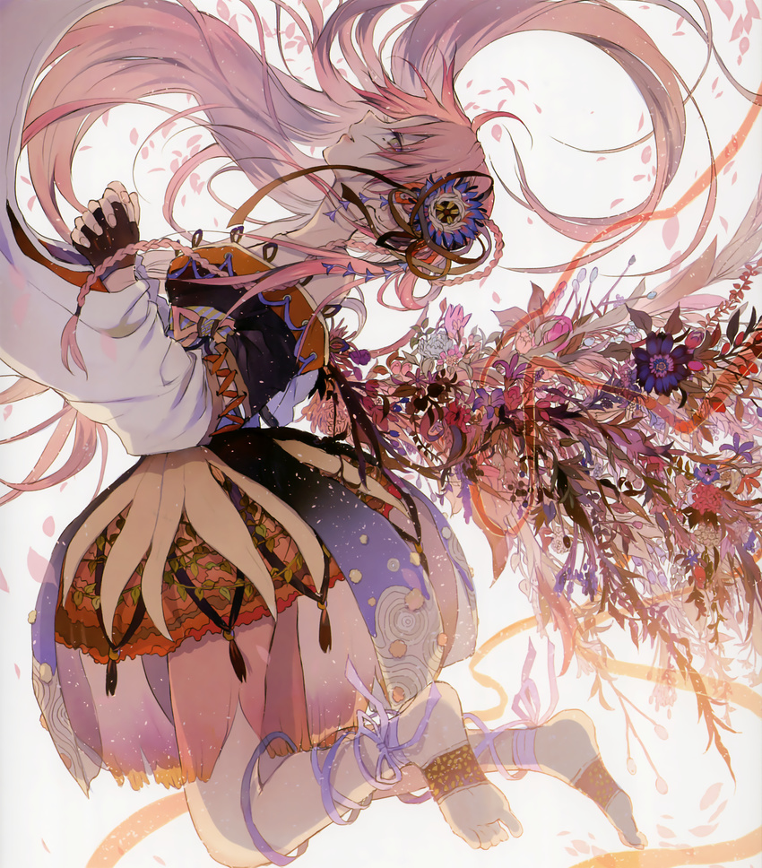 absurdres arched_back bare_shoulders barefoot braid dress feet fingerless_gloves flower flower_wings gloves hair_ornament hands_clasped highres leg_ribbon long_hair looking_at_viewer looking_back original own_hands_together parted_lips petals pink_hair ribbon scan see-through single_braid soles solo tsukioka_tsukiho wide_sleeves wings yellow_eyes