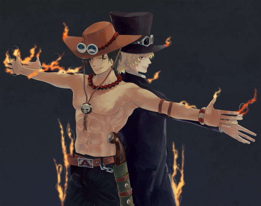 2boys back-to-back blonde_hair brothers brown_hair fire freckles goggles hat highres jacket magic multiple_boys necklace one_piece portgas_d_ace sabo_(one_piece) scar siblings tattoo time_paradox top_hat topless