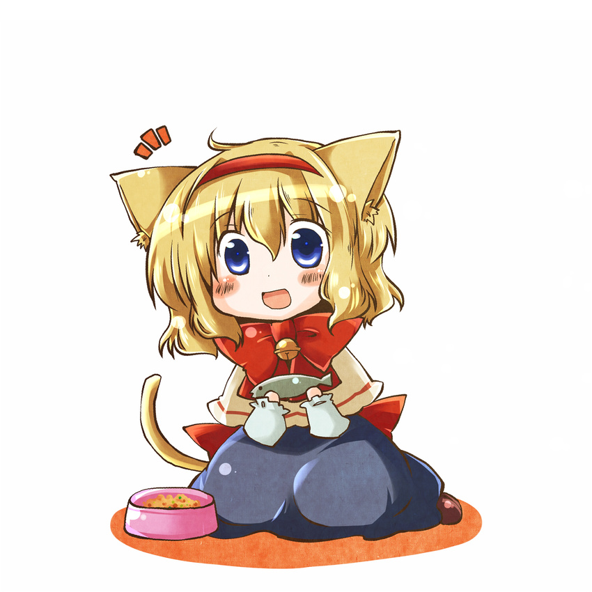 alice_margatroid animal_ears blonde_hair blue_eyes blush capelet eating fish futami_yayoi hairband highres kemonomimi_mode open_mouth short_hair sitting smile tail touhou