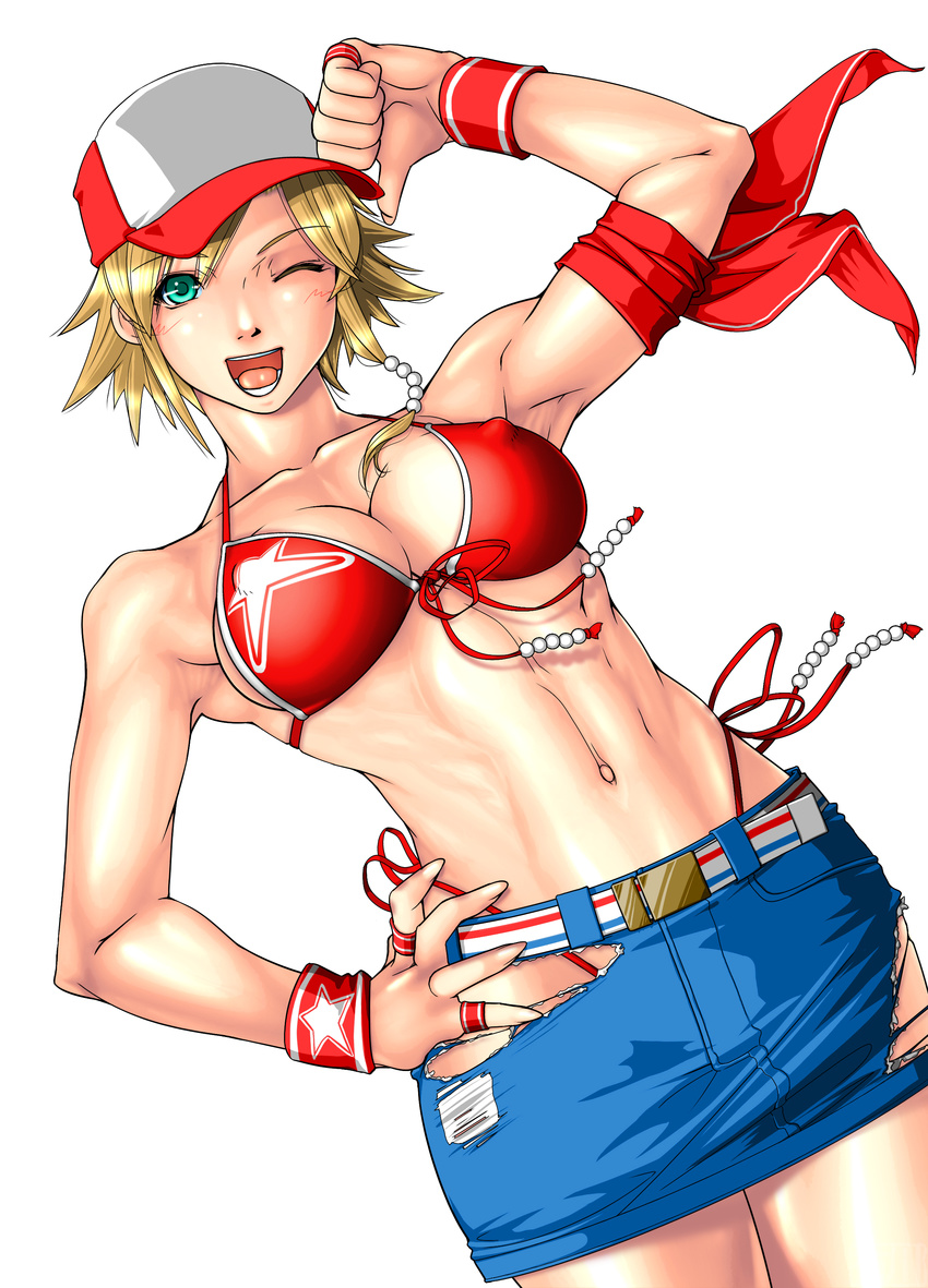 abs absurdres alice_garnet_nakata arikawa armpits bare_shoulders belt bikini_top blonde_hair breasts cap erect_nipples female genderswap green_eyes hand_on_hip hat highres king_of_fighters large_breasts legs looking_at_viewer navel open_mouth short_hair simple_background skirt smile solo standing terry_bogard the_king_of_fighters_xiv thighs toned very_short_hair white_background wink