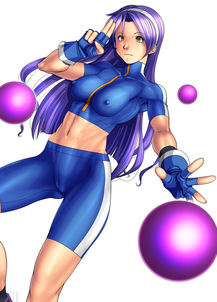 1girl abs absurdres arikawa asamiya_athena ball breasts erect_nipples fingerless_gloves gloves hairband highres king_of_fighters legs long_hair looking_at_viewer midriff navel purple_hair salute simple_background small_breasts solo spandex standing thighs toned white_background yellow_eyes