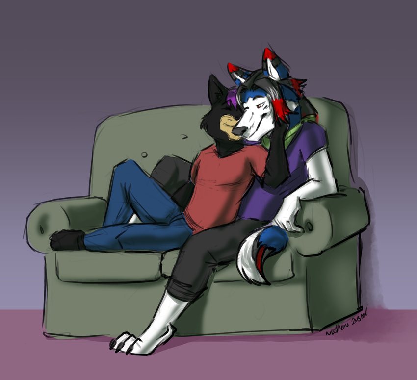 2015 anthro aster canine cat clothed clothing couple cuddling cute dog duo eevachu feline frocta fur hair husky male mammal mates relaxing smile sofa