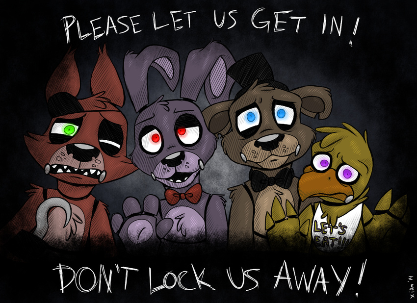 2014 avian bear bib bird blue_eyes bonnie_(fnaf) bow brown_fur canine chica_(fnaf) chicken english_text eye_patch eyewear five_nights_at_freddy's fox foxy_(fnaf) freddy_(fnaf) fur green_eyes hat hook lagomorph looking_at_viewer machine mammal mechanical purple_eyes purple_fur rabbit red_eyes red_fur robot sad teeth text xiamtheferret yellow_feathers