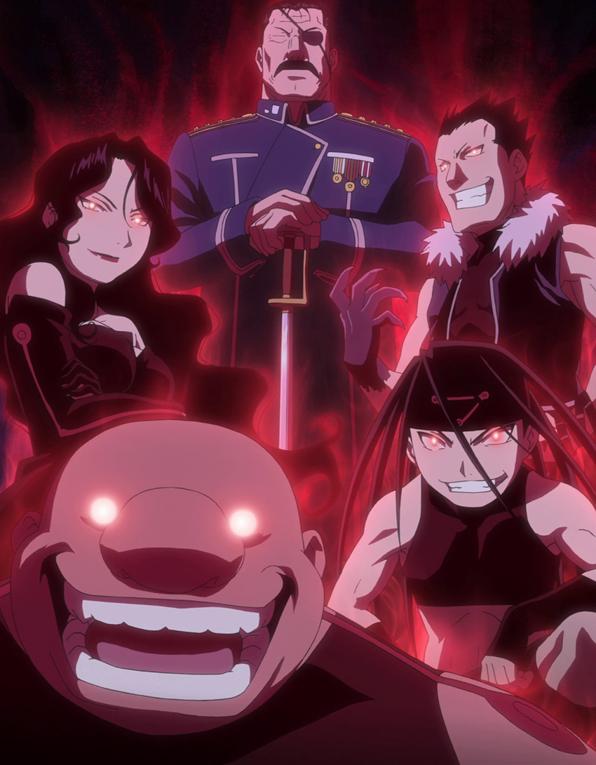 envy_(fma) eyepatch fullmetal_alchemist gluttony greed homunculus king_bradley lust multiple_boys mustache screencap stitched sword uniform