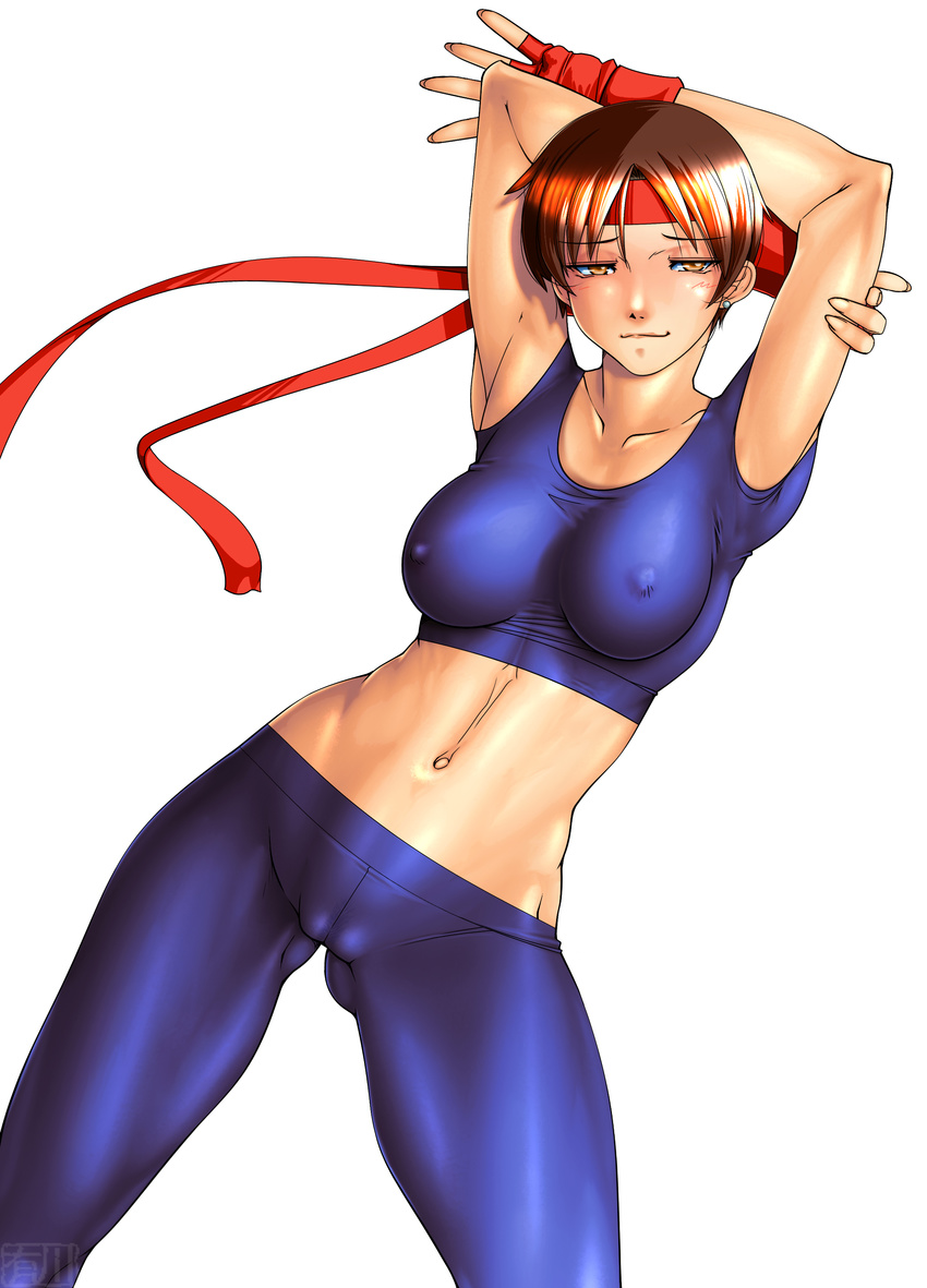 absurdres arikawa armpits arms_behind_head ass_visible_through_thighs blue_bra blue_legwear blush bra breasts brown_eyes brown_hair cameltoe collarbone covered_nipples crossed_arms earrings fingerless_gloves gloves headband highres jewelry large_breasts looking_at_viewer navel no_panties pants pubic_hair red_gloves red_ribbon ribbon see-through shiny shiny_hair shirt short_hair slender_waist smile solo sports_bra taut_clothes taut_shirt the_king_of_fighters tight tight_pants underwear yuri_sakazaki
