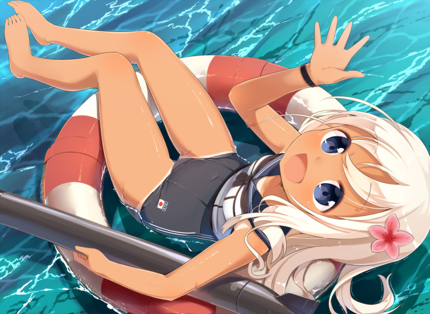 barefoot blonde_hair blue_eyes crop_top flower hair_flower hair_ornament innertube kantai_collection long_hair looking_at_viewer muku_(muku-coffee) one-piece_swimsuit open_mouth ro-500_(kantai_collection) school_swimsuit school_uniform serafuku smile solo swimsuit swimsuit_under_clothes tan tanline toes torpedo water