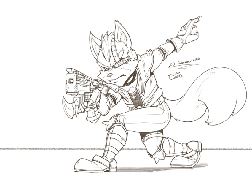 2013 action_pose anthro canine clothing gloves gun looking_at_viewer male mammal monochrome nintendo pants ranged_weapon scowl shirt solo star_fox t-kay video_games weapon wolf wolf_o'donnell