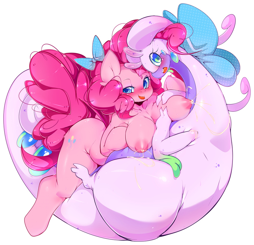 areola blue_eyes bow breasts dragon duo equine eyelashes female freckles friendship_is_magic fur gastropod goodra hair horse lactating lesbian looking_at_viewer mammal milk my_little_pony nintendo open_mouth pink_fur pink_hair pinkie_pie_(mlp) pok&eacute;mon pony slime slug slugbox teeth tongue video_games