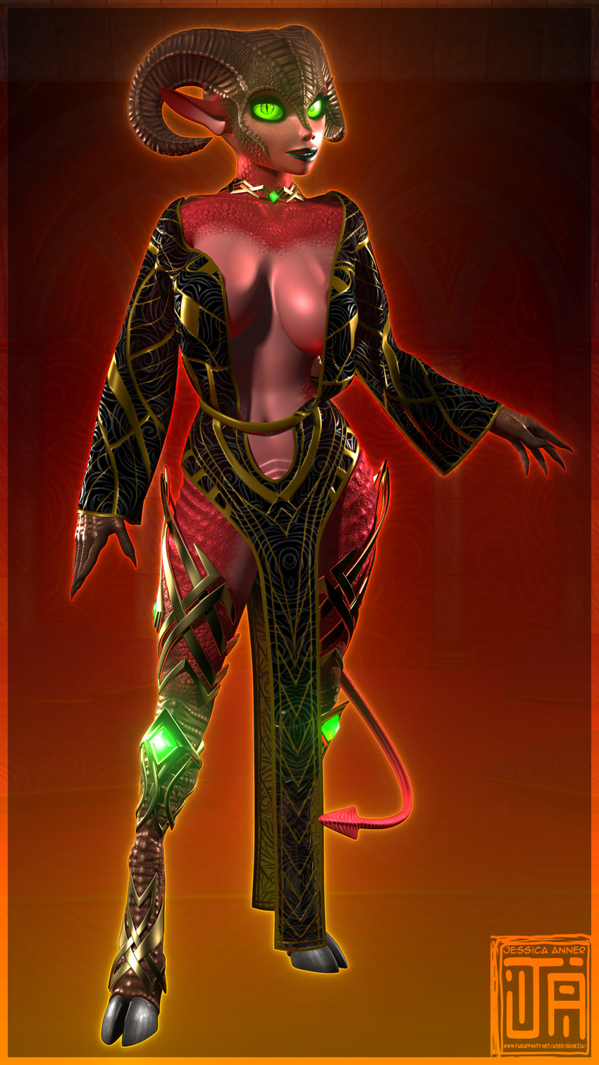 big_breasts big_horns breasts claws cleavage clothed clothing demon ezria female gem glowing glowing_eyes gold gown green_sclera hooves jessica_anner lingerie long_ears metal red_scales revealing solo spaded_tail succubus translucent