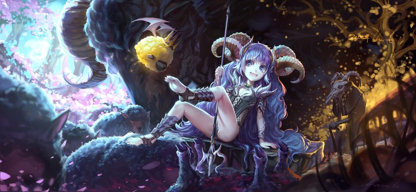 :d bad_id bad_pixiv_id barefoot blue_eyes blue_hair demon_girl holding horns long_hair looking_at_viewer observerz open_mouth original polearm sheep sheep_horns sitting smile trident very_long_hair weapon