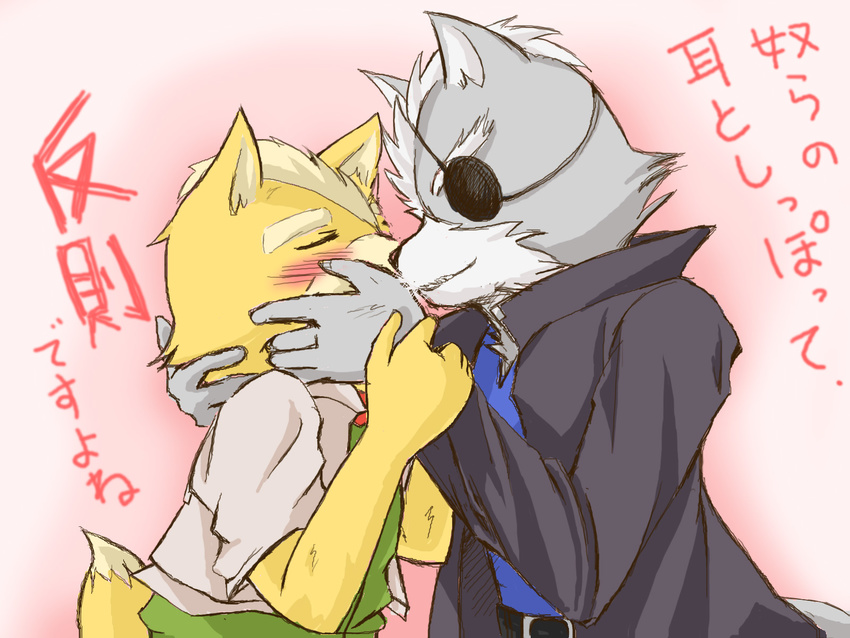 blush canine clothed clothing fox fox_mccloud gay japanese_test kissing male mammal nintendo smile star_fox video_games wolf wolf_o'donnell