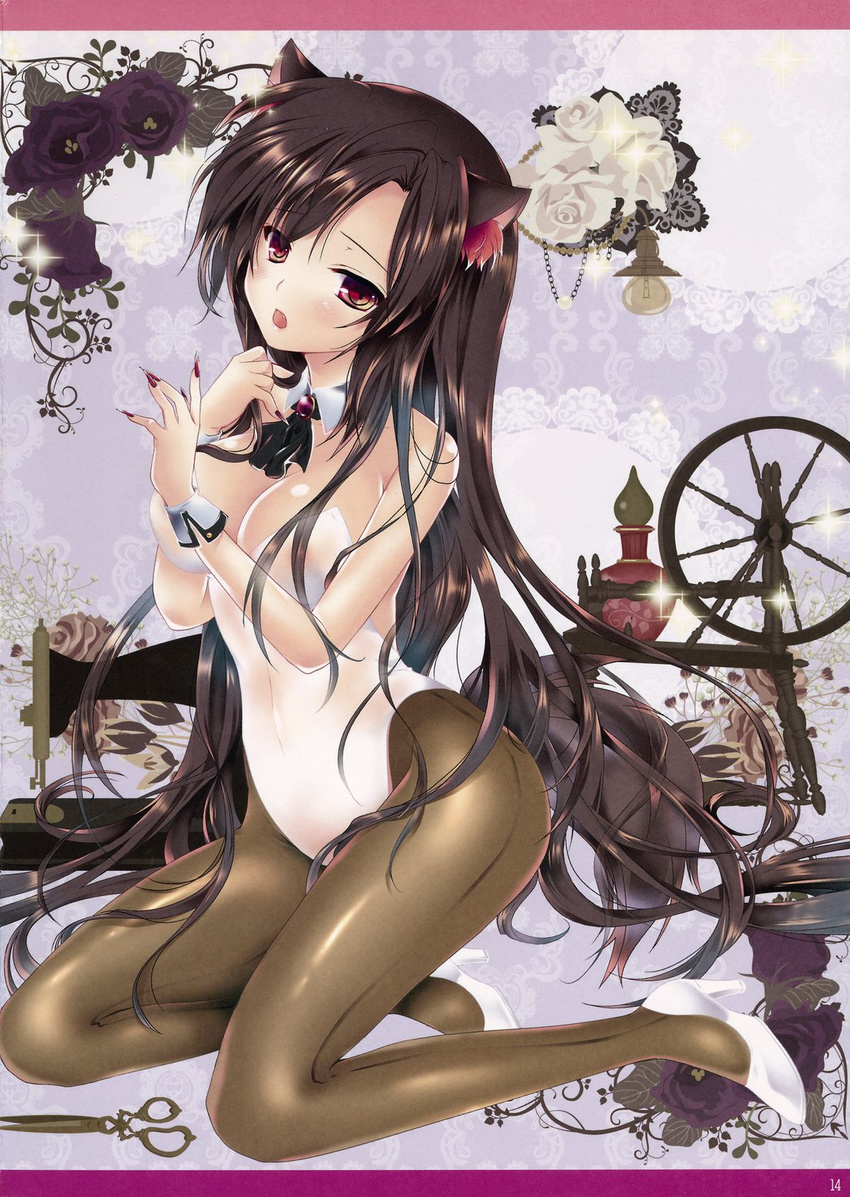 alternate_costume animal_ears ascot breasts brown_hair detached_collar fang fingernails flower high_heels highres imaizumi_kagerou jewelry kneeling large_breasts leotard long_fingernails long_hair looking_at_viewer midriff nail_polish navel non-web_source open_mouth pantyhose pekopokox playboy_bunny_leotard rose scan see-through solo sparkle tail touhou wolf_ears wolf_tail wrist_cuffs