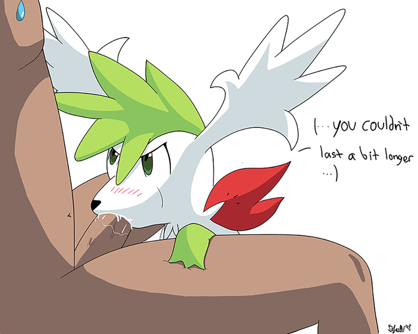 ambiguous_gender blush default0100 eyes_closed fellatio fur general: green_hair hair human interspecies legendary_pok&eacute;mon male mammal nintendo oral penis pok&eacute;mon pok&eacute;philia saliva sex shaymin shaymin_(sky_form) size size_difference text video_games white_fur