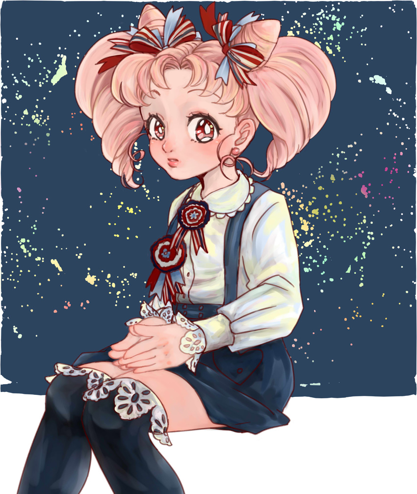 bangs big_hair bishoujo_senshi_sailor_moon blue_background blue_skirt chibi_usa double_bun earrings hands_together highres jewelry juliet_sleeves knees_together_feet_apart lace lace-trimmed_thighhighs long_sleeves looking_at_viewer parted_bangs pink_hair puffy_sleeves red_eyes simple_background sitting skirt solo stud_earrings suspenders tezo_(mokka_mk) thighhighs twintails zettai_ryouiki