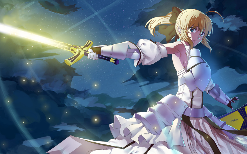 ahoge armor armored_dress artoria_pendragon_(all) avalon_(fate/stay_night) bad_id bad_pixiv_id bare_shoulders blonde_hair bow caliburn detached_sleeves dress fate/stay_night fate/unlimited_codes fate_(series) faulds gauntlets glowing glowing_sword glowing_weapon green_eyes hair_bow long_hair ponytail saber saber_lily sheath solo sword wallpaper weapon wentirtongmo