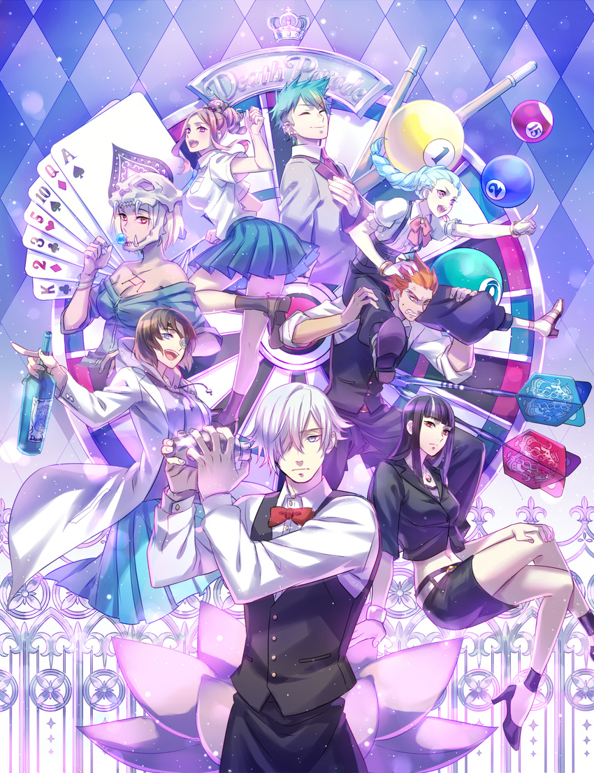 5girls :d ace anger_vein arita_mayu bangle bangs bare_shoulders bartender belt billiards black_hair blonde_hair blue_eyes blue_hair bottle bow bowtie bracelet braid breast_pocket brown_hair candy card carrying castra_(death_parade) clavis_(death_parade) closed_eyes club_(shape) collarbone crossed_legs crown cue_ball cue_stick cuff_links dartboard darts death_parade decim_(death_parade) diamond_(shape) ear_piercing eyepatch fleur_de_lis flower food ginti green_hair hand_on_own_chest hand_on_own_knee heart high_heels highlights highres hood hoodie jewelry kurokami_no_onna labcoat lollipop long_hair long_sleeves lotus midriff miniskirt multicolored_hair multiple_boys multiple_girls necklace necktie nona_(death_parade) open_mouth orange_eyes pendant piercing playing_card pleated_skirt pocket purple_eyes quin_(death_parade) red_eyes red_hair shaker shirt_tucked_in short_hair shoulder_carry skirt skull sleeves_rolled_up smile spade_(shape) spiked_hair suit_jacket updo vest white_hair wine_bottle zipper zoff_(daria)