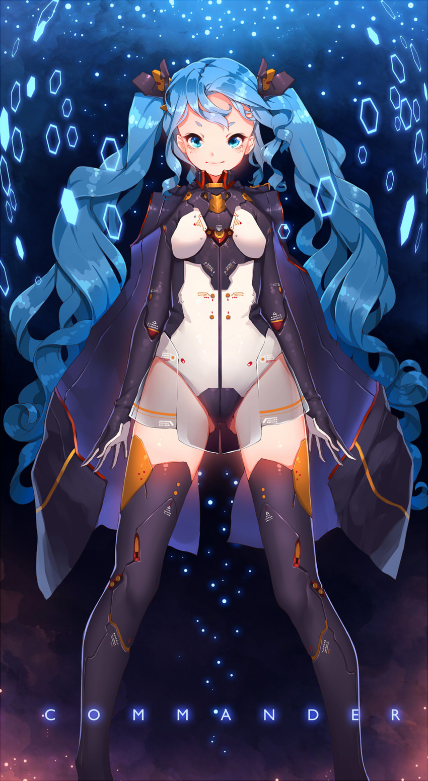 bangs black_legwear blue_eyes blue_hair blush breasts cape english fangxiang_cuoluan gloves glowing hair_ornament hexagon highres hips leotard light_particles light_smile long_hair looking_at_viewer mecha_musume miniskirt original pencil_skirt see-through short_eyebrows skirt small_breasts smile solo thighhighs twintails very_long_hair wavy_hair