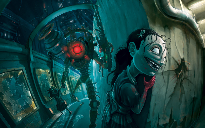 barefoot belt big_sister bioshock bioshock_2 blood broken_glass diving_helmet diving_suit empty_eyes glass helmet highres horror_(theme) jhonen_vasquez little_sister smile teeth underwater