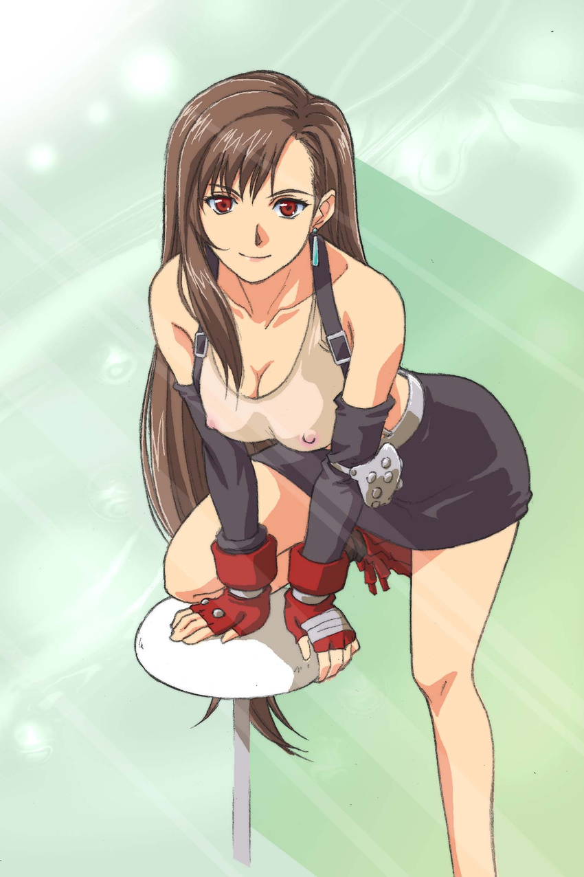 breasts brown_hair cleavage final_fantasy final_fantasy_vii highres red_eyes see-through see_through solo suspenders tifa tifa_lockhart tifa_lockheart