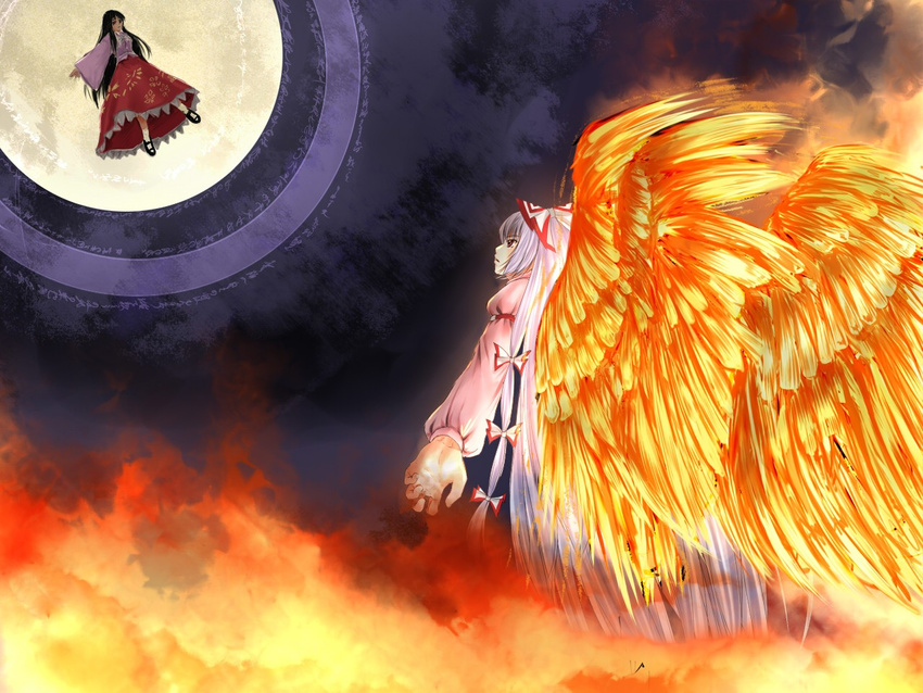 bad_id bad_pixiv_id black_hair bow cloud dress fiery_wings fire floating fujiwara_no_mokou full_moon hair_bow hair_ribbon houraisan_kaguya long_hair looking_up moon multiple_girls night red_eyes ribbon ryuushou shirt shoes silver_hair skirt sky smoke socks touhou very_long_hair wallpaper white_shirt wings