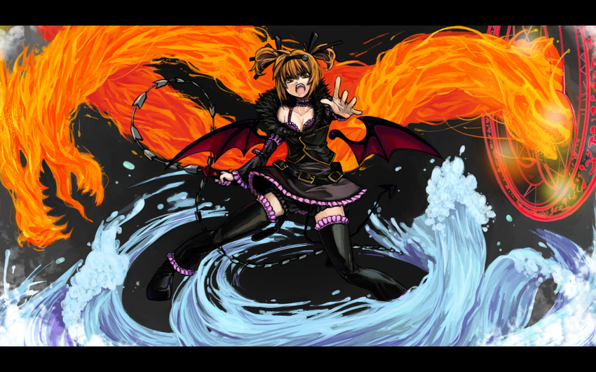 alternate_costume angry bad_id bad_pixiv_id bat_wings belt black_legwear brown_hair choker demon_tail fire hands headband lies_(artist) open_mouth rita_mordio short_hair shorts skirt tail tales_of_(series) tales_of_vesperia thighhighs wallpaper water whip wings