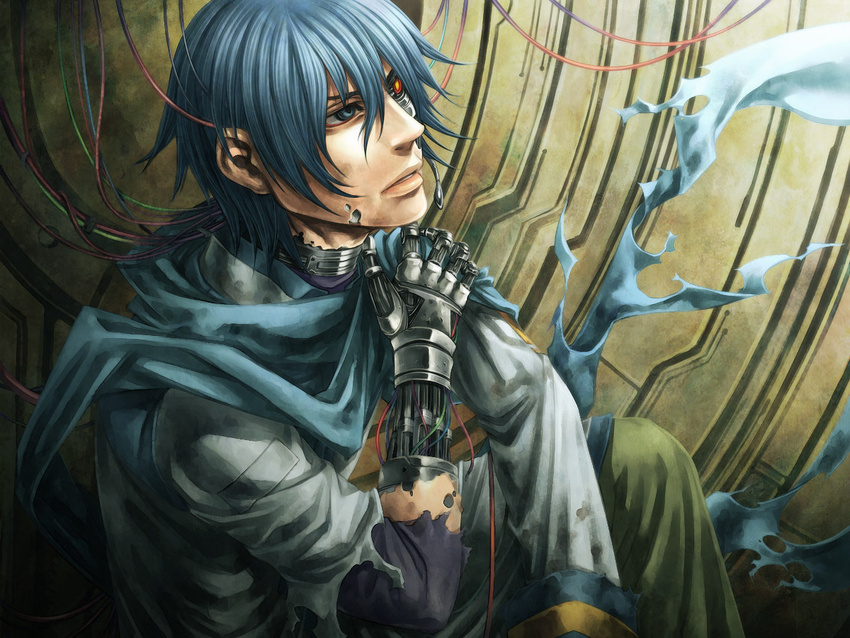blue_eyes blue_hair cyborg kaito male_focus red_eyes robot scarf solo torn_clothes uniuni vocaloid