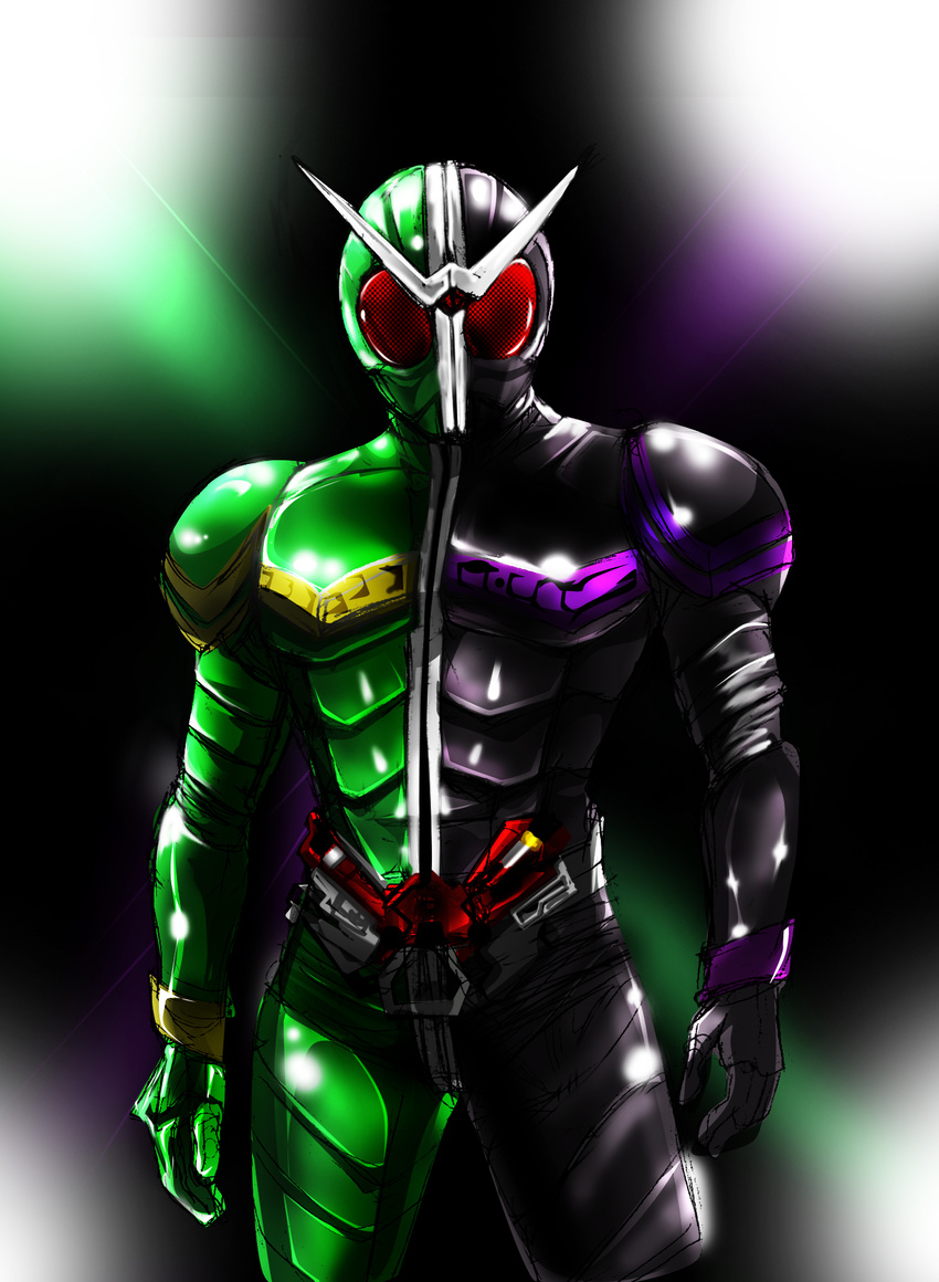 antennae bad_id bad_pixiv_id belt black_bodysuit bodysuit green_bodysuit highres kamen_rider kamen_rider_double kamen_rider_w male_focus nof solo