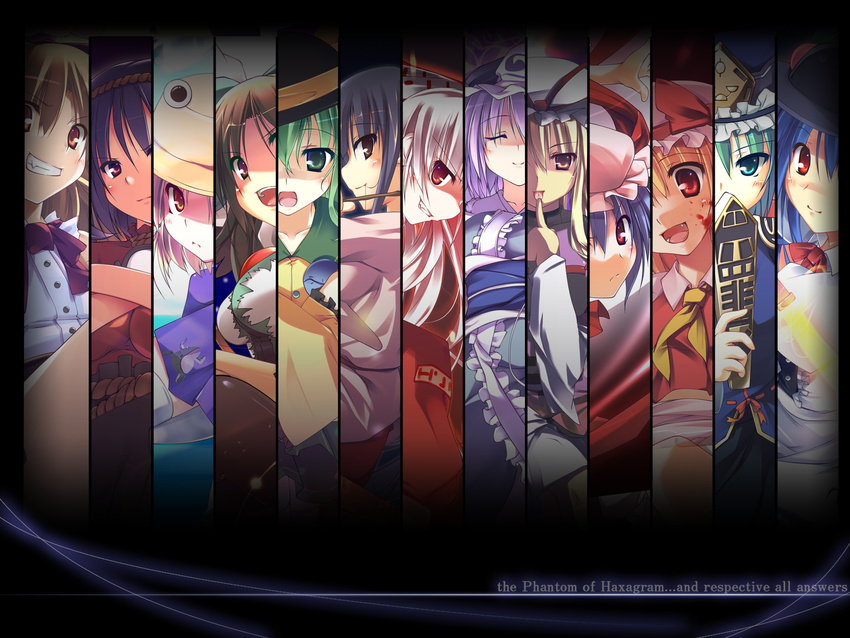 black_hair blonde_hair blue_hair brown_hair column_lineup eyes fire flandre_scarlet food fruit fujiwara_no_mokou green_eyes green_hair hat highres hinanawi_tenshi houraisan_kaguya ibuki_suika komeiji_koishi long_hair moriya_suwako multiple_girls peach pink_hair purple_hair red_eyes reiuji_utsuho remilia_scarlet rod_of_remorse saigyouji_yuyuko shiki_eiki short_hair silver_hair sword t-ray touhou wallpaper weapon wings yakumo_yukari yasaka_kanako